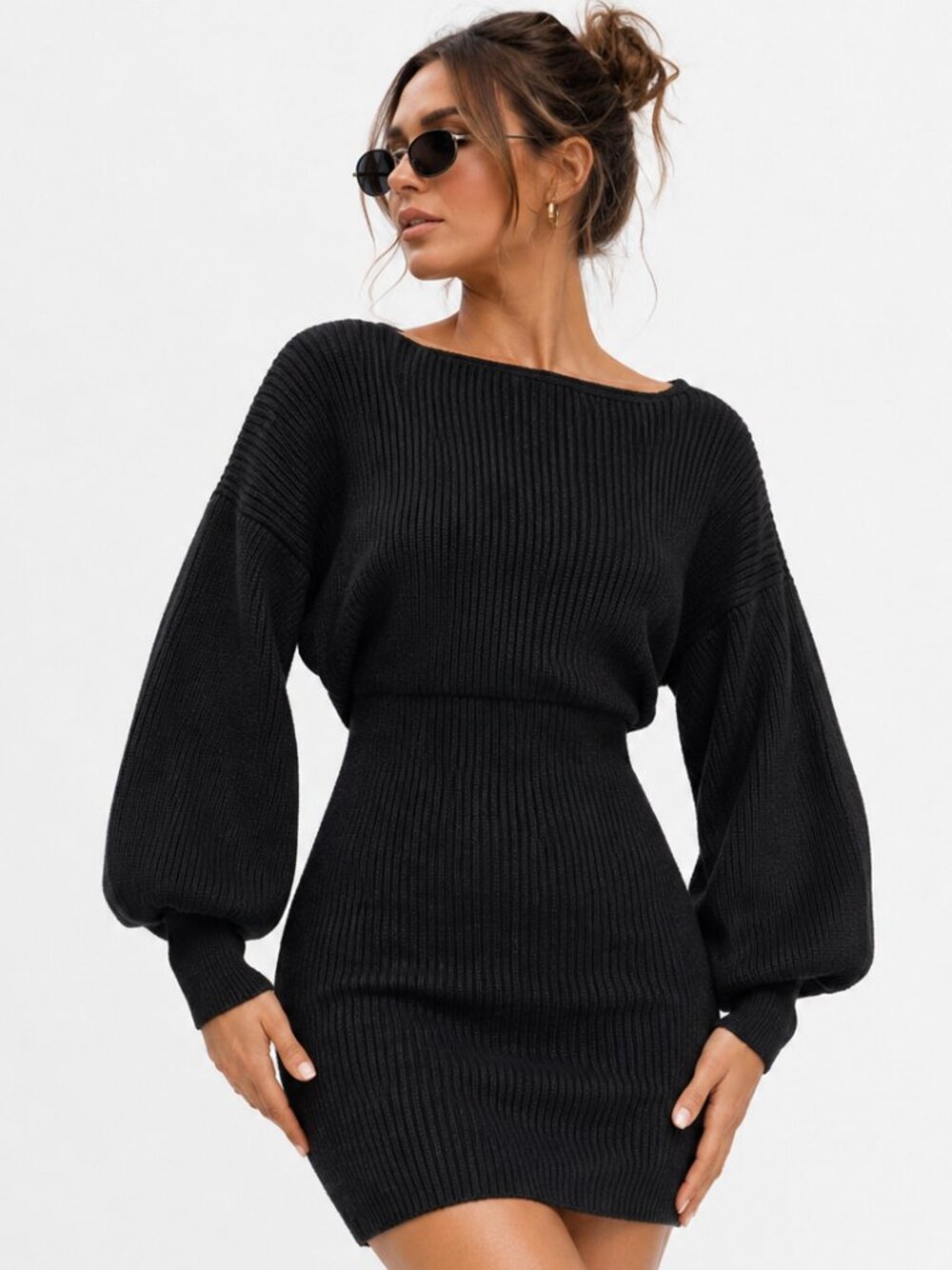 Forever 21 Black Ribbed Sweater Mini Dress Balloon Sleeve XS NWOT